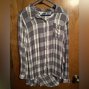 Gray and White Plaid Button-Up Shirt
